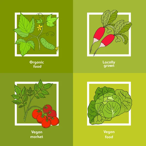 Tarjeta de mercado vegano con verduras frescas — Vector de stock