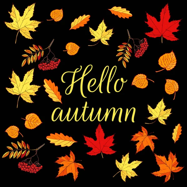 Hallo Herbst-Karte mit farbigen Herbstblättern — Stockvektor