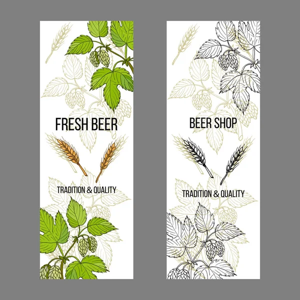 Étiquettes de bière et de brasserie, éléments de design avec houblon et orge — Image vectorielle