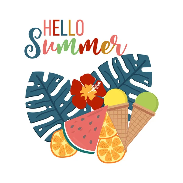 Hello summer background with tropical leaves and flowers — ストックベクタ