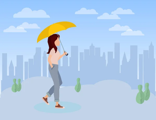 Linda chica caminando con paraguas en la mano — Vector de stock