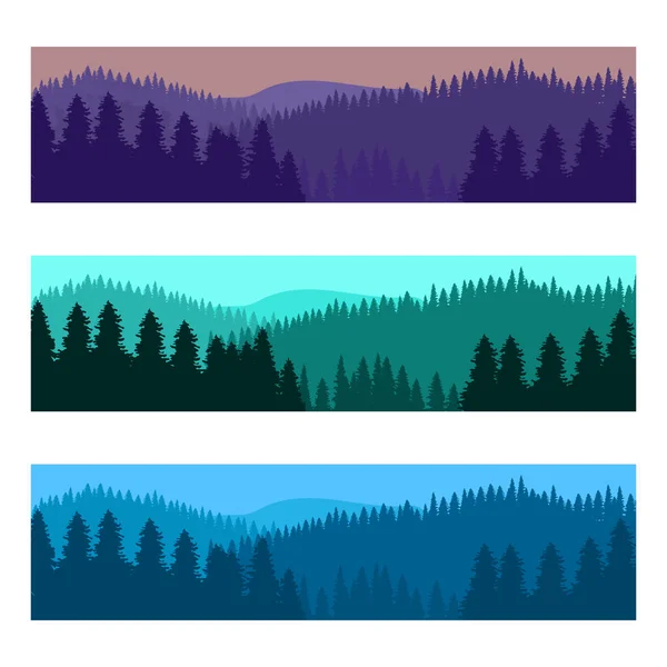 Paysage forestier horizontal réaliste avec des silhouettes d'arbres et de montagnes — Image vectorielle
