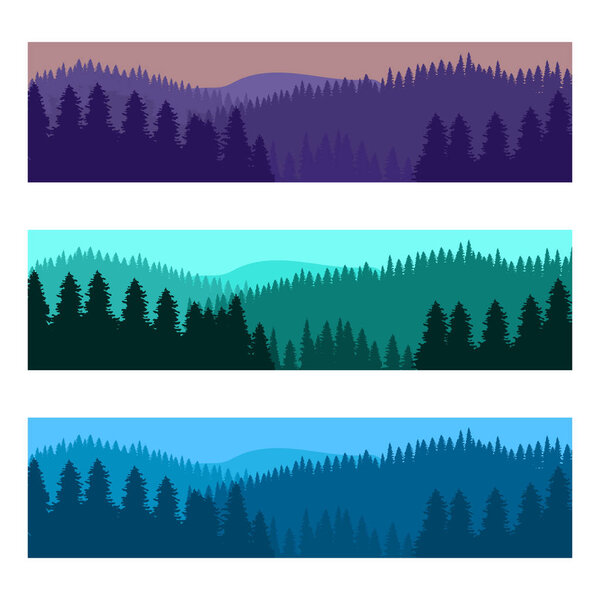 Horizontal realistic forest landscape with trees and mountains silhouettes