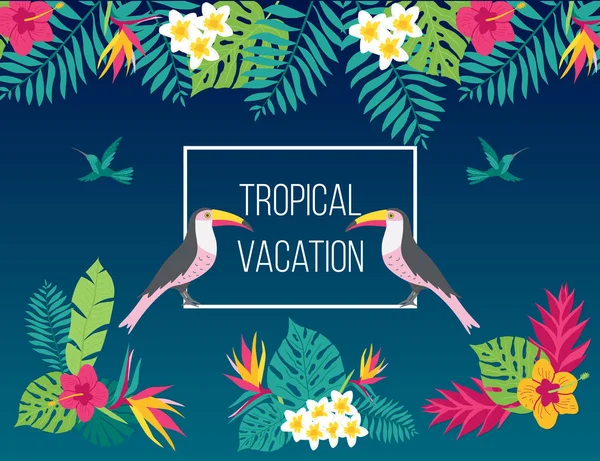 Blommig sommar bakgrund med tropisk fågel Toucan — Stock vektor