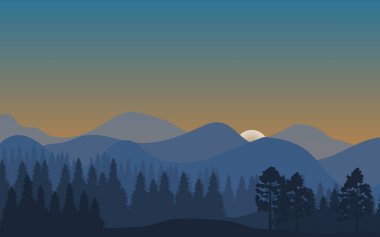 Orman manzara, ağaçlar ve dağlar siluetleri ile soyut doğa arka plan