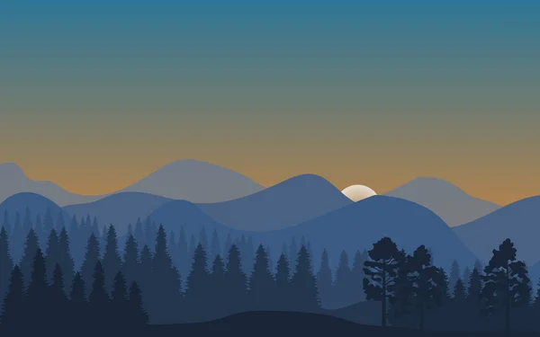 Paesaggio forestale, sfondo naturale astratto con alberi e silhouette di montagna — Vettoriale Stock