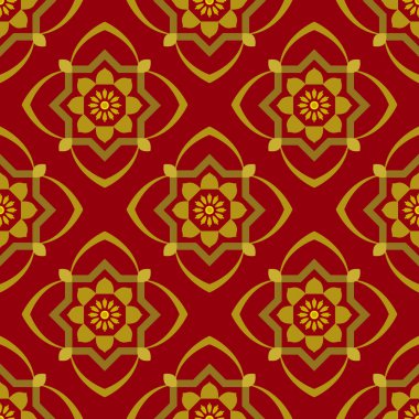 Koyu kırmızı arka plan ve güzel altın süslemeler.