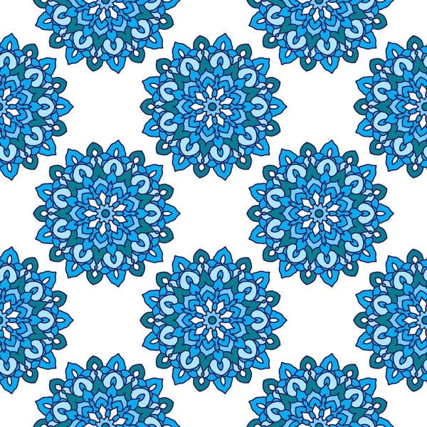 Pola mulus dengan mandala bunga bundar dalam warna biru - Stok Vektor