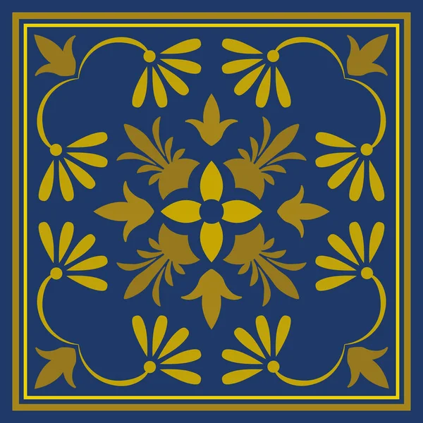 Cute ornamental tile, gold pattern on blue background — Stock Vector