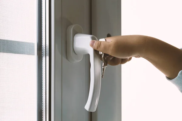 Concept Protecting Child Falling Out Windows Handle Lock Window Child — Stock Photo, Image