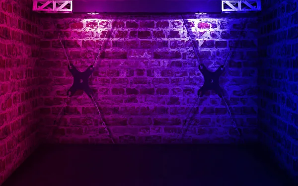 A scene from a brick wall with neon lights. Ultraviolet light against a brick wall background with metal cables. Scene of an empty cellar