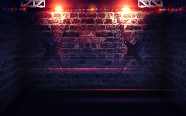 Сцена Кирпичной Стены Неоновыми Огнями Ультрафиолетовый Свет Фоне Кирпичной Стены — стоковое фото