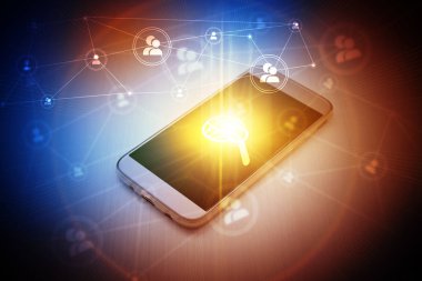 Kişilerin bir smartphone içinde kavramsal iletişim hatları. Karanlık bir arka plan bir yakın çekim arıyor. Sanal gerçeklik