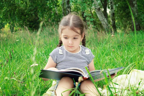 夏の少女は草の上に座っているし 屋外本を読みます ストックフォト