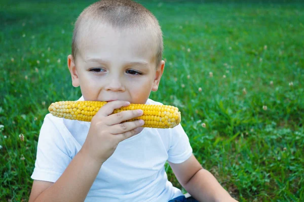 Boy Eats Corn Outdoor Park Corn Hands Child — Stock Photo, Image