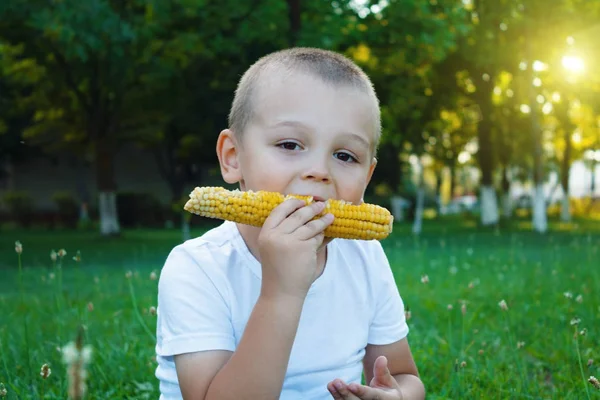 Boy Eats Corn Outdoor Park Corn Hands Child — Stock Photo, Image