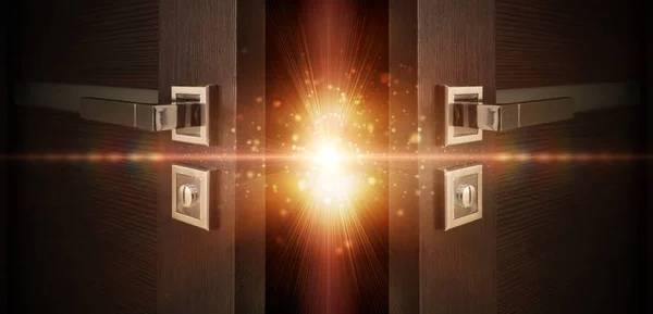 Open two doors behind which is visible flash of light, magic particles, rays, sorcery