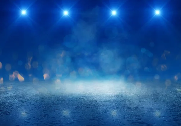 Порожня Сцена Шоу Ліхтарями Бетонною Підлогою Синій Абстрактний Фон Боке — стокове фото