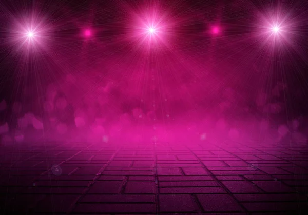 Sahne ışıkları ve lambaları ile boş odası arka plan, mor arka plan ile neon kızdırma