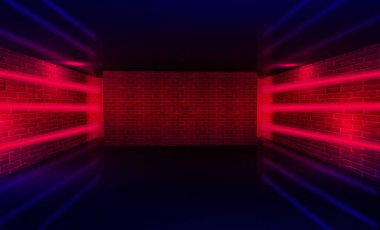 Boş bir koridor ile tuğla duvarlar ve neon ışık arka plan. Tuğla duvarlar, neon ışınları ve parlaklık