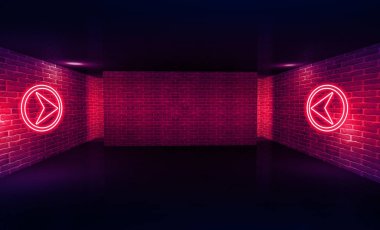 Boş bir koridor ile tuğla duvarlar ve neon ışık arka plan. Tuğla duvarlar, neon ışınları ve parlaklık