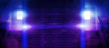 Arka plan boş bir merdiven, bir pencere, tuğladan bir duvar, bir neon ışık