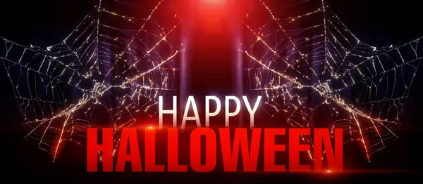 Ciemne Tło Świętem Halloween Napis Halloween Ciemnym Tle Pajęczyna Neon — Zdjęcie stockowe