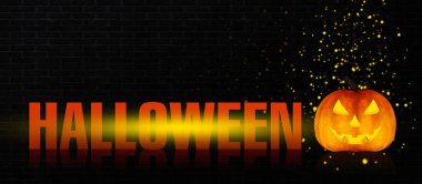 Koyu arka plan Cadılar Bayramı. Kabak, örümcek ağı ve neon ışık, karanlık bir arka plan üzerinde yazıt flash ve kızdırma