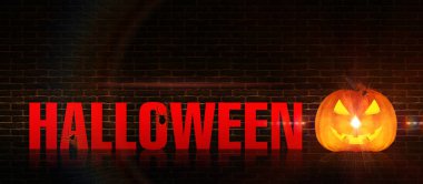 Koyu arka plan Cadılar Bayramı. Kabak, örümcek ağı ve neon ışık, karanlık bir arka plan üzerinde yazıt flash ve kızdırma