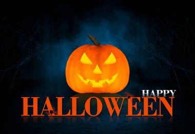 Koyu arka plan Cadılar Bayramı. Kabak, örümcek ağı ve neon ışık, karanlık bir arka plan üzerinde yazıt flash ve kızdırma