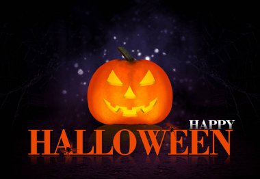 Koyu arka plan Cadılar Bayramı. Kabak, örümcek ağı ve neon ışık, karanlık bir arka plan üzerinde yazıt flash ve kızdırma