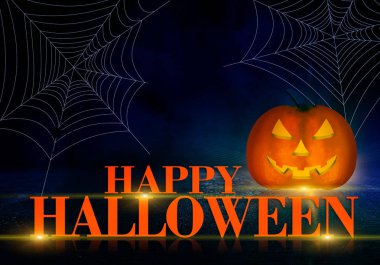 Koyu arka plan Cadılar Bayramı. Kabak, örümcek ağı ve neon ışık, karanlık bir arka plan üzerinde yazıt flash ve kızdırma