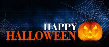 Koyu arka plan Cadılar Bayramı. Kabak, örümcek ağı ve neon ışık, karanlık bir arka plan üzerinde yazıt flash ve kızdırma