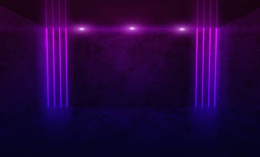 Boş bir oda duman ve neon ışığı ile gece arka plan. Koyu arka plan. Boş bir arka planı göster sahne