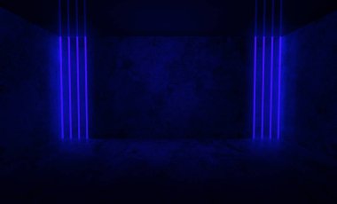 Boş bir oda duman ve neon ışığı ile gece arka plan. Koyu arka plan. Boş bir arka planı göster sahne
