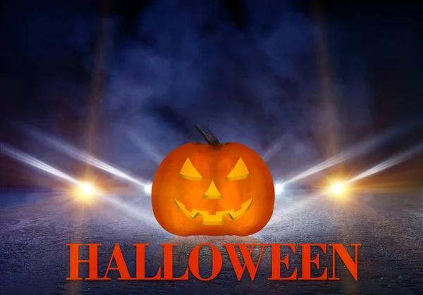 Tmavé Pozadí Abstraktní Halloween Dýně Pavučina Nápis Tmavém Pozadí Neon — Stock fotografie