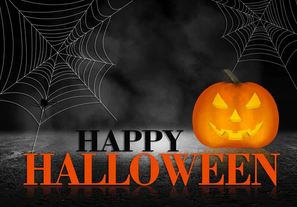 Abstracte Donkere Achtergrond Halloween Pompoen Spinnenweb Inscriptie Een Donkere Achtergrond — Stockfoto