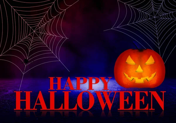 Ciemne Tło Halloween Dynia Pajęczyna Napis Ciemnym Tle Neon Light — Zdjęcie stockowe