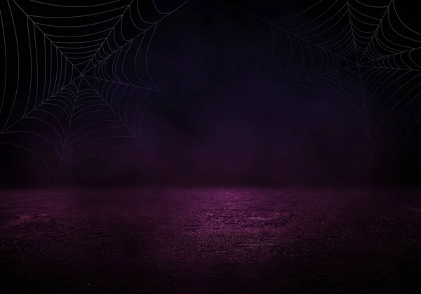 Background of an empty room with spotlights and lights, abstract background with neon glow, spider web on the corners. Background Halloween