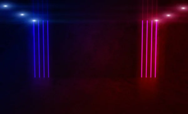 Background of an empty room at night with smoke and neon light. Dark abstract background. Background of an empty show scene