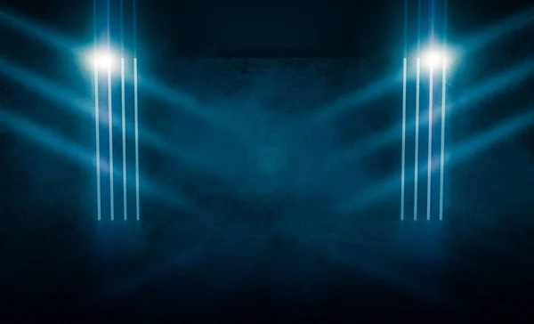 Background of an empty room at night with smoke and neon light. Dark abstract background. Background of an empty show scene