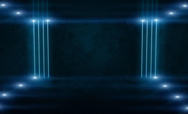 Background of an empty room at night with smoke and neon light. Dark abstract background. Background of an empty show scene