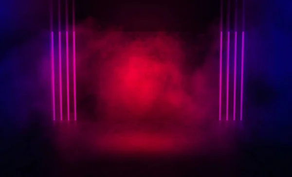 Background of an empty room at night with smoke and neon light. Dark abstract background. Background of an empty show scene