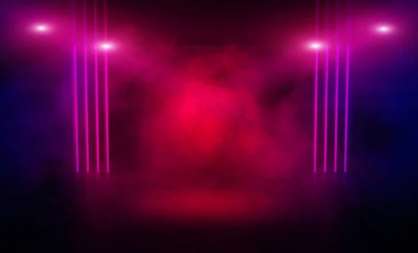 Background of an empty room at night with smoke and neon light. Dark abstract background. Background of an empty show scene