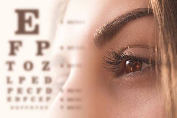 Human female eye close-up, human eyesight check, alphabet diagram