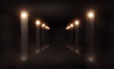 Neon ışık ışınları ile boş bir karanlık oda arka plan