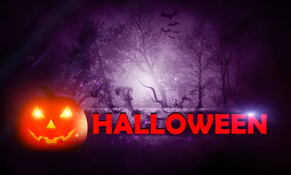 Mörk Bakgrund Tomma Gatan Bakgrund Halloween Pumpa Skogen Natten Halloween — Stockfoto
