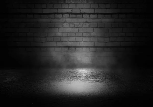 Background of an empty dark-black room. Empty brick walls, lights, smoke, glow, rays