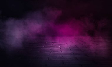 Sahne ışıkları ve lambaları ile boş odası arka plan, mor arka plan ile neon kızdırma