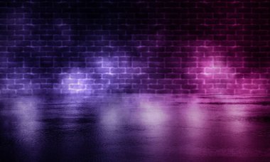 Tuğla duvar ve beton zemin ile boş odası arka plan. Duman, sis, neon ışık